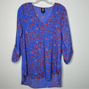 Bobeau Small Floral Print V-Neck Tunic Top - Blue floral